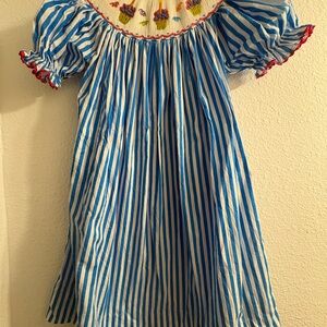 Blue and White Striped Smocked Dress with Birthday Cupcake Embroidery
